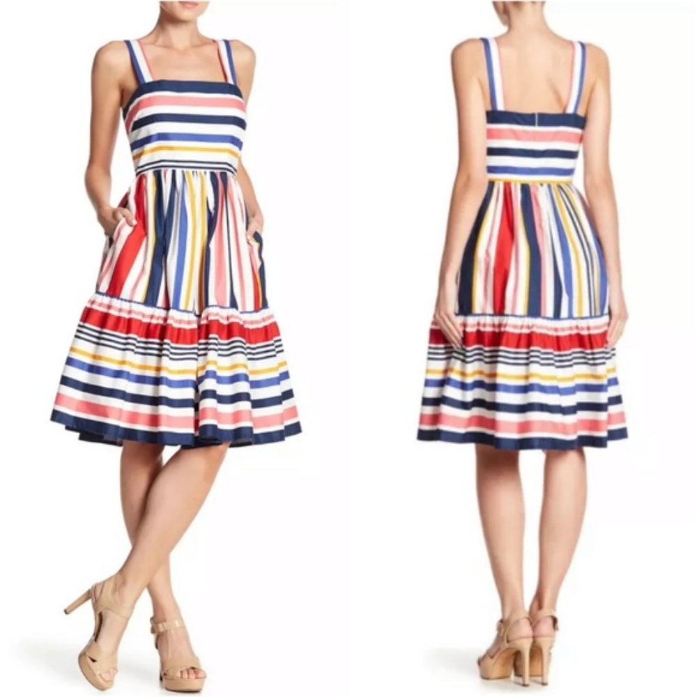NEW Vince Camuto Multicolor Striped Cotton Midi Dress w/ Flounce Hem Sz. 8